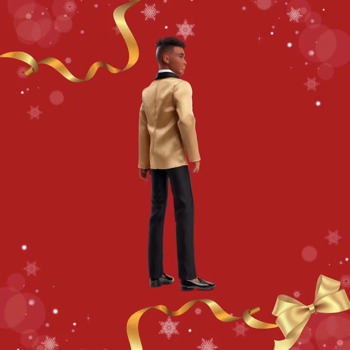 Barbie Signature 2025 Holiday Dark Brown Hair Ken Collectible Fashion Doll Wearing Full Suit With Golden Jacket - FAO Schwarz