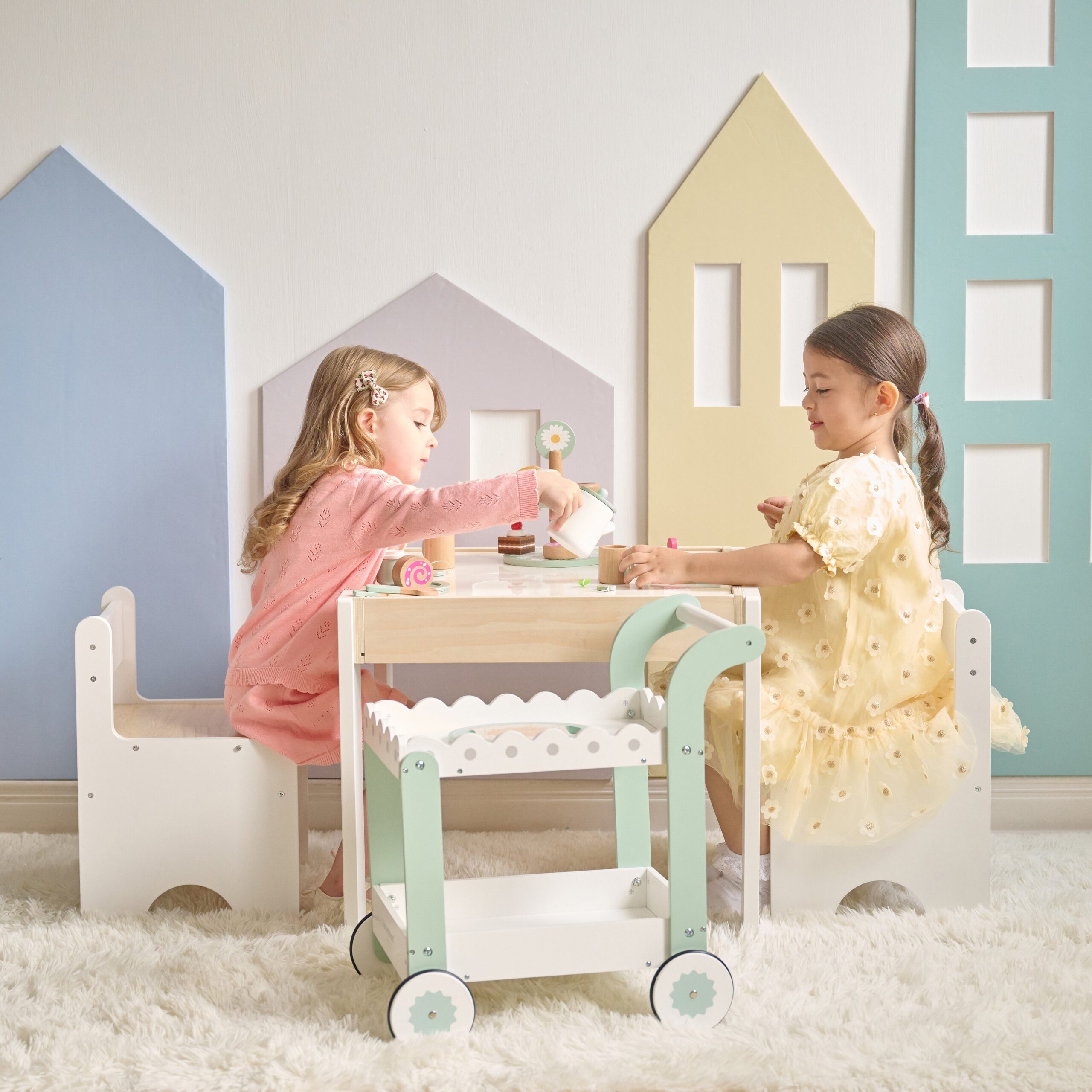 Afternoon Sip Wood Dessert Cart with 21 Pieces & Rotatable Wheels - FAO Schwarz