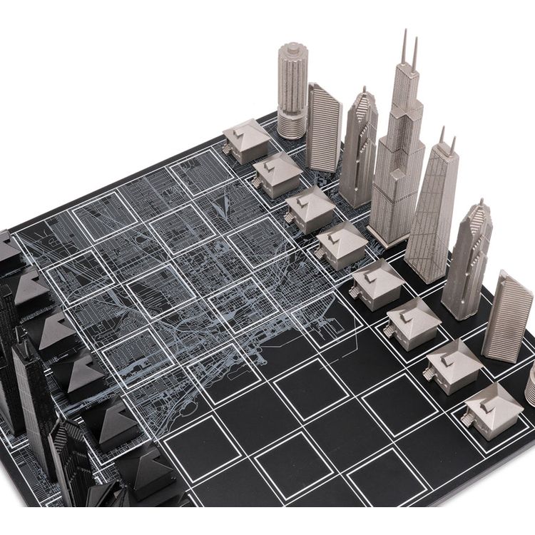 Chicago Edition Stainless Steel Chess Set with Wood Map Board - FAO Schwarz