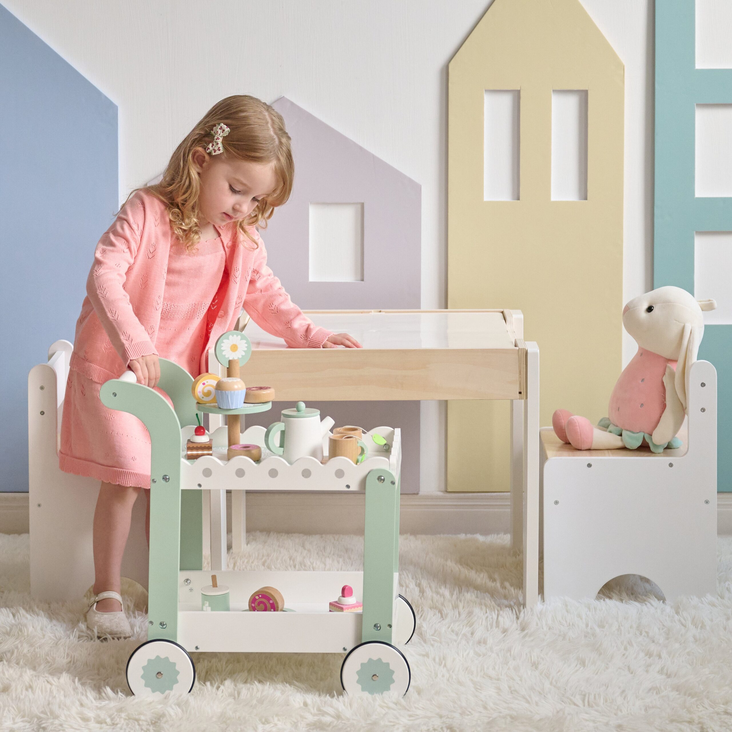 Afternoon Sip Wood Dessert Cart with 21 Pieces & Rotatable Wheels - FAO Schwarz
