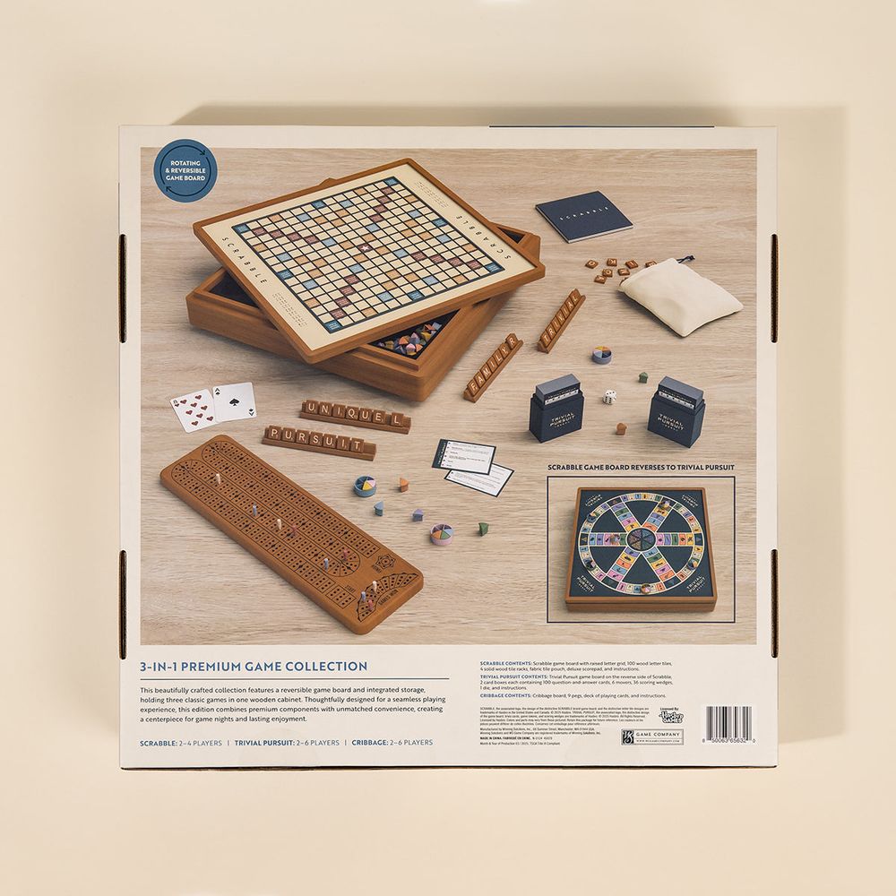 3-in-1 Premium Game Collection Scrabble Trivial Pursuit and Cribbage - FAO Schwarz