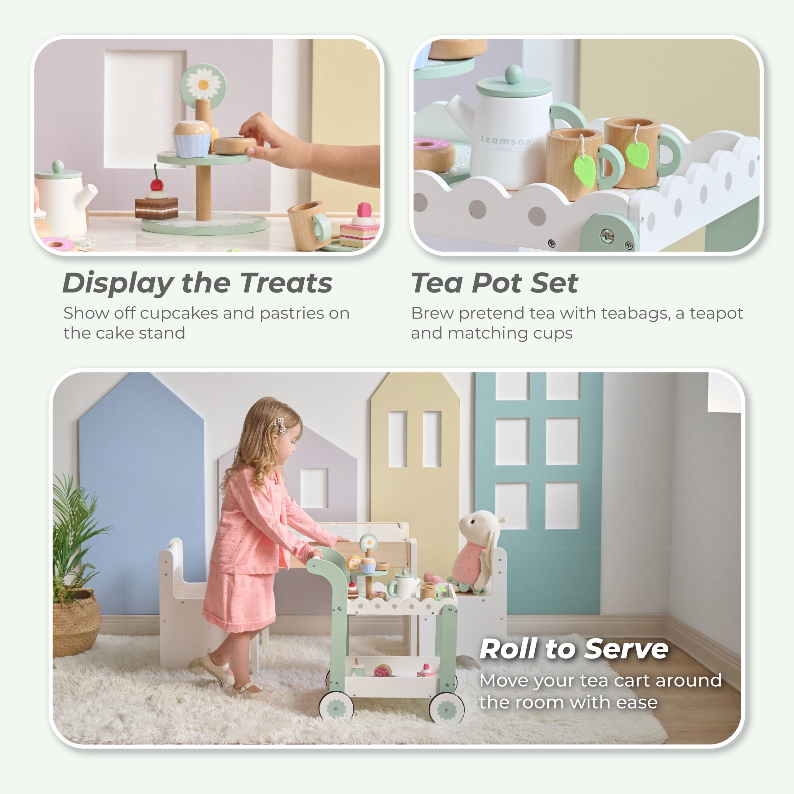 Afternoon Sip Wood Dessert Cart with 21 Pieces & Rotatable Wheels - FAO Schwarz