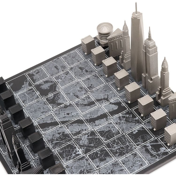 New York Edition Stainless Steel Chess Set with Wood Map Board - FAO Schwarz