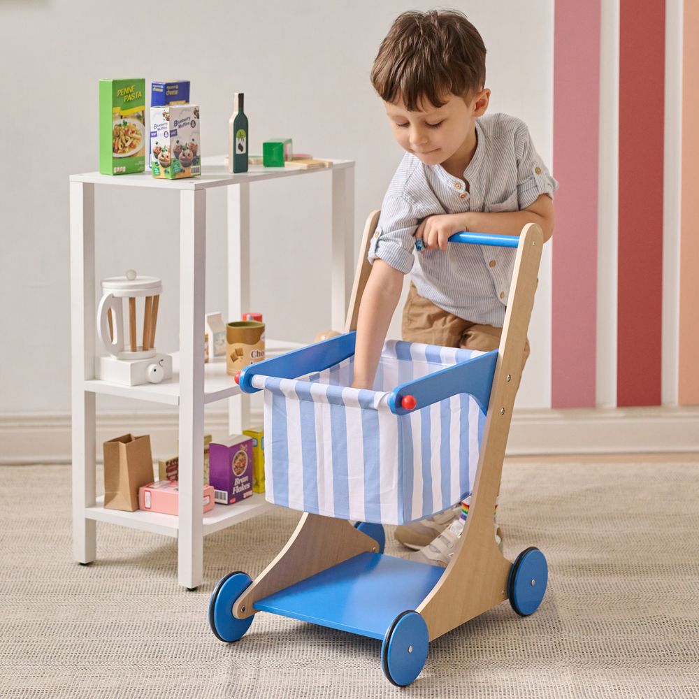 Little Helper Mr. Fresh Wooden Shopping Cart with 13 Grocery Accessories – Blue - FAO Schwarz