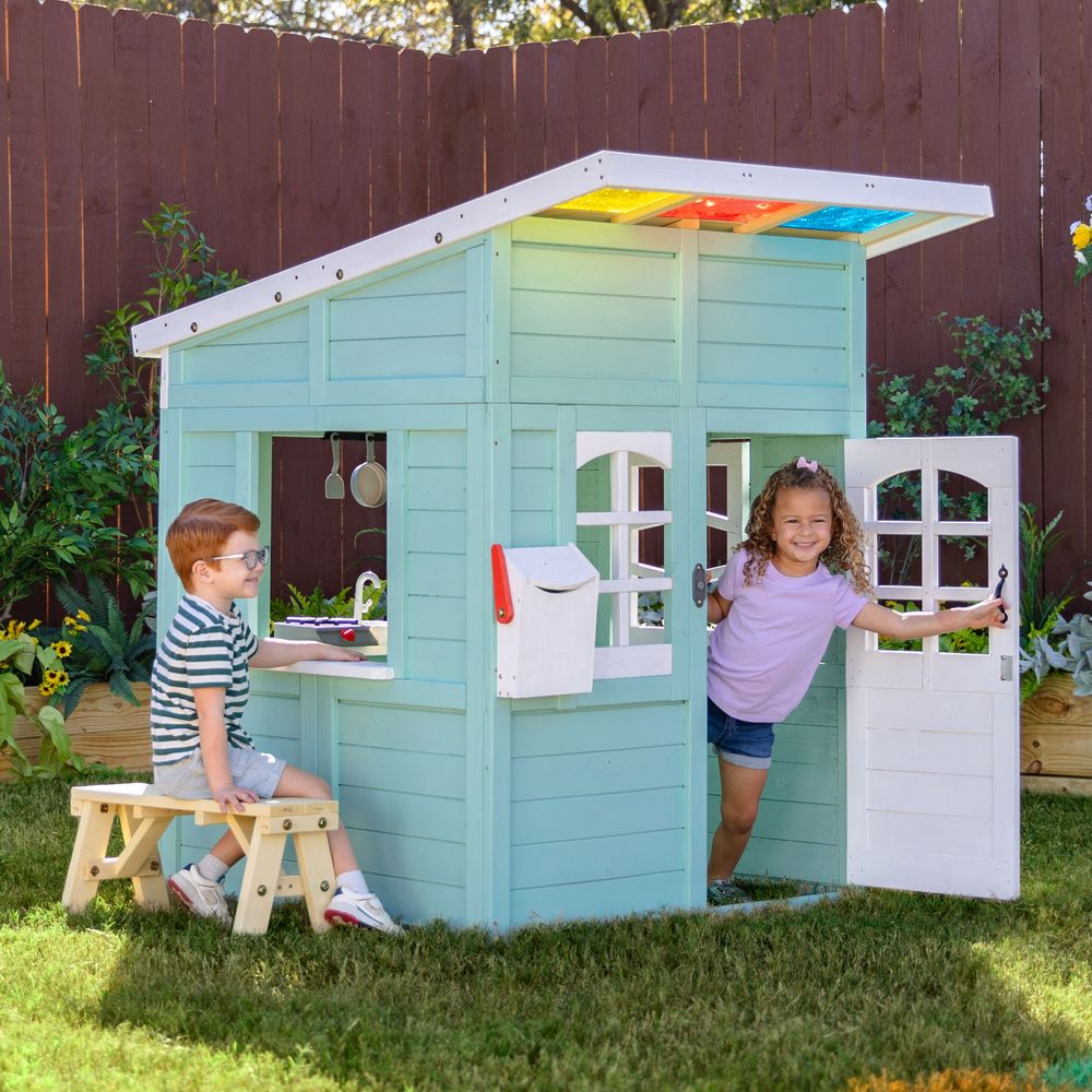Rainbow Shade Wooden Playhouse with Kitchen, Flower Box & Bench - FAO Schwarz
