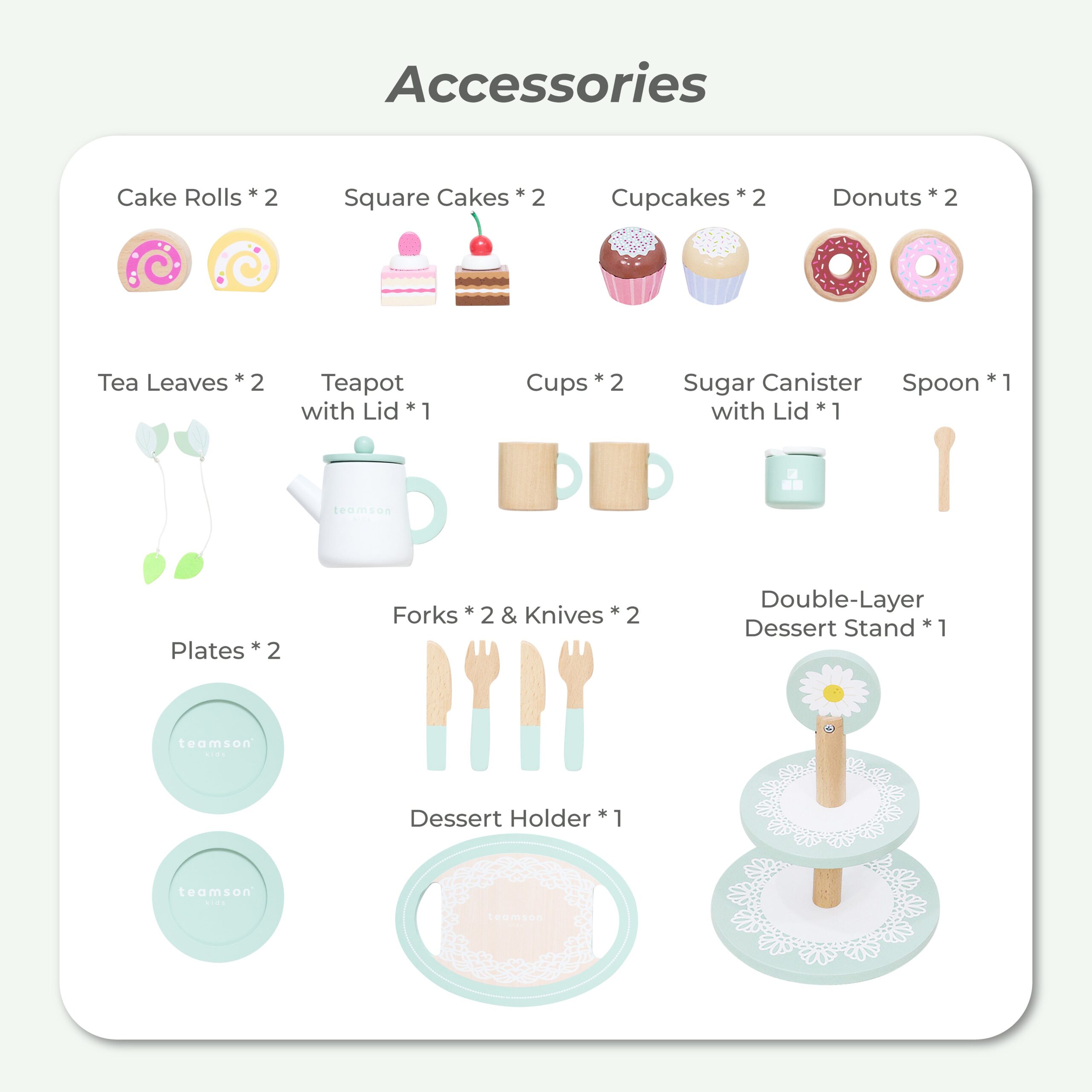 Afternoon Sip Wood Dessert Cart with 21 Pieces & Rotatable Wheels - FAO Schwarz