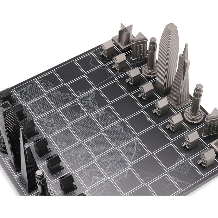 San Francisco Edition Stainless Steel Chess Set with Wood Map Board - FAO Schwarz