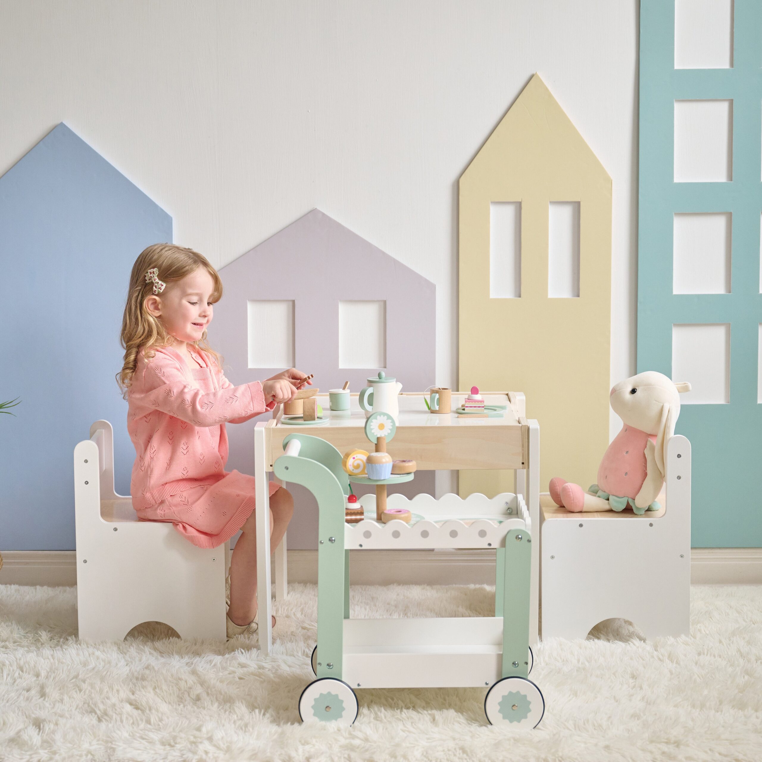 Afternoon Sip Wood Dessert Cart with 21 Pieces & Rotatable Wheels - FAO Schwarz