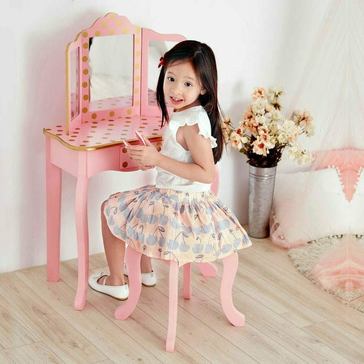 Gisele Polka Dot Vanity with Mirror & Stool – Pink - FAO Schwarz