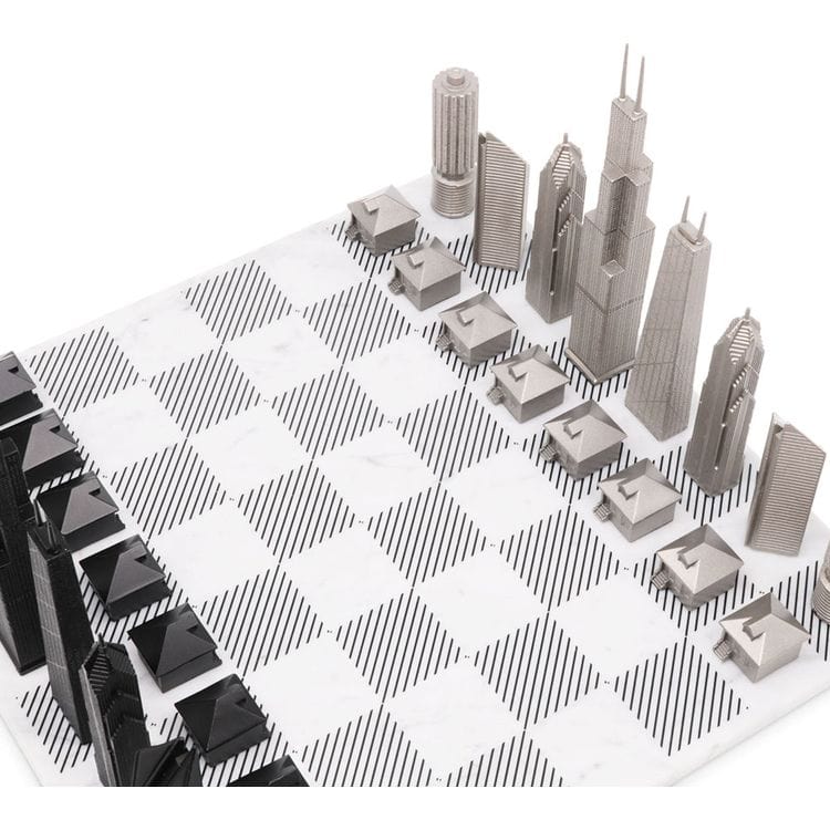 Chicago Edition Stainless Steel Chess Set with Marble Hatch Board - FAO Schwarz