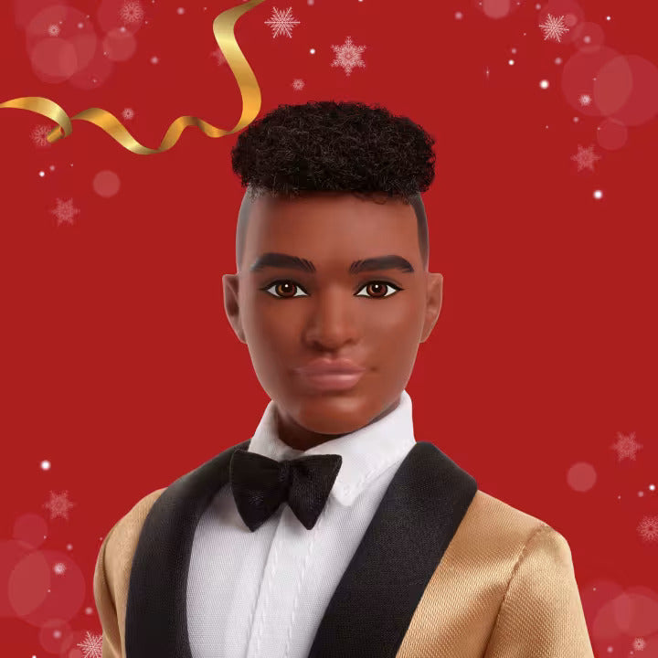 Barbie Signature 2025 Holiday Dark Brown Hair Ken Collectible Fashion Doll Wearing Full Suit With Golden Jacket - FAO Schwarz