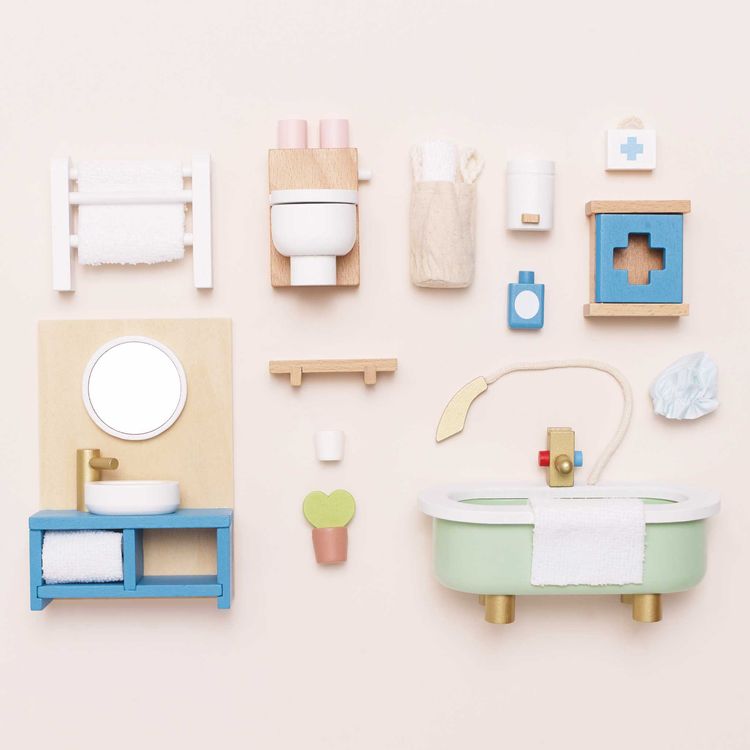 Wooden Dollhouse 19 Piece Bathroom Furniture Set - FAO Schwarz