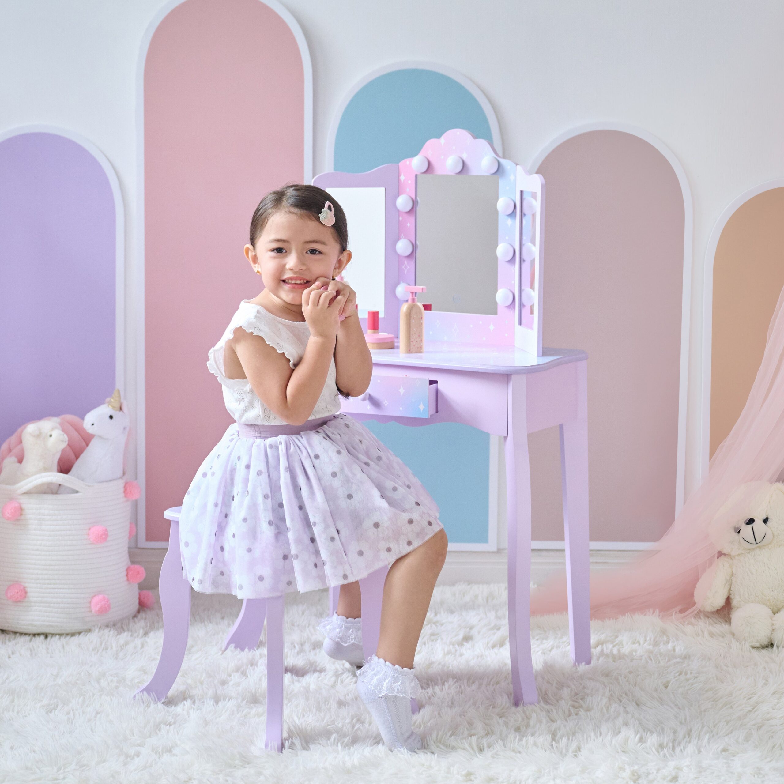 Stardust Gisele Wood Vanity Table with LED Mirror & Drawer – Purple - FAO Schwarz